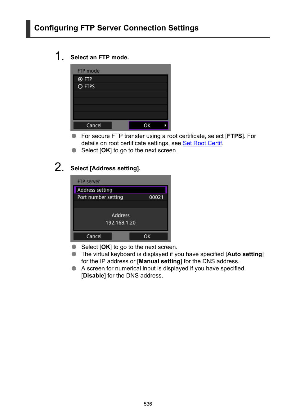 Configuring ftp server connection settings | Canon EOS R5 C VR Creator Kit with RF 5.2mm f/2.8 Dual Fisheye Lens User Manual | Page 536 / 787