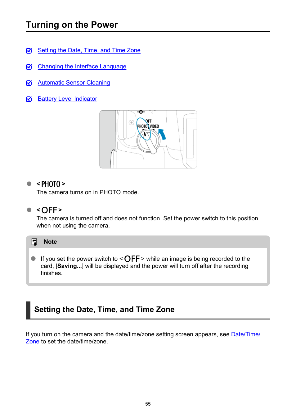 Turning on the power, Setting the date, time, and time zone | Canon EOS R5 C VR Creator Kit with RF 5.2mm f/2.8 Dual Fisheye Lens User Manual | Page 55 / 787