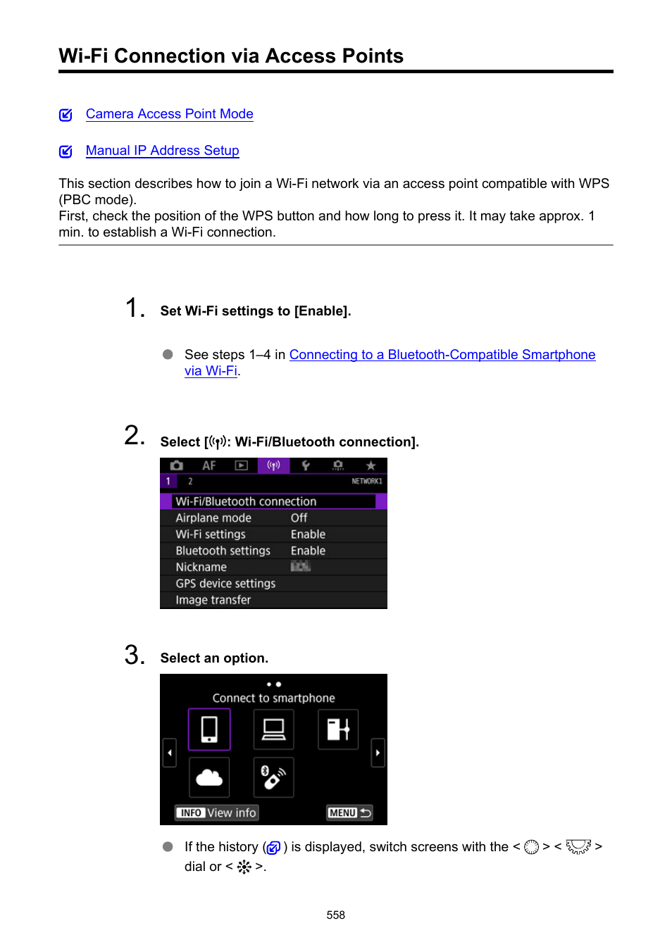 Wi-fi connection via access points | Canon EOS R5 C VR Creator Kit with RF 5.2mm f/2.8 Dual Fisheye Lens User Manual | Page 558 / 787