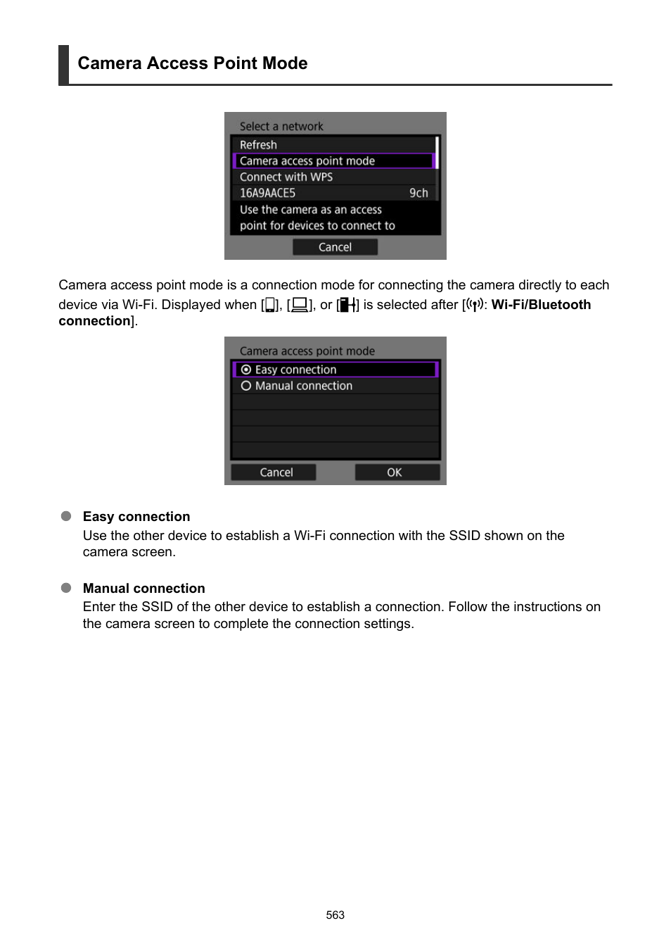Camera access point mode | Canon EOS R5 C VR Creator Kit with RF 5.2mm f/2.8 Dual Fisheye Lens User Manual | Page 563 / 787