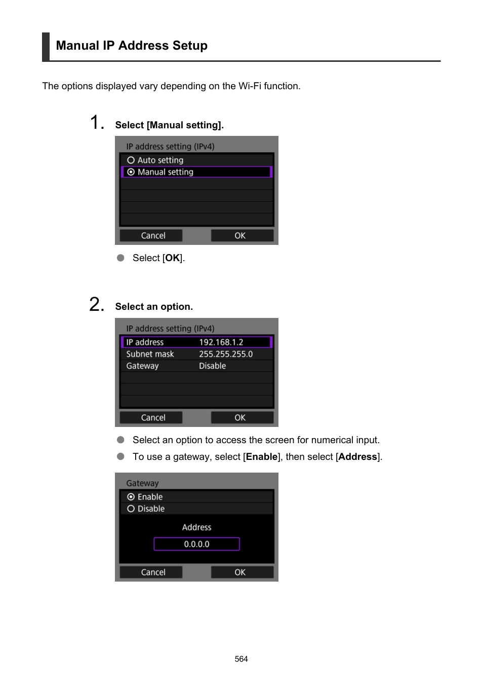 Manual ip address setup | Canon EOS R5 C VR Creator Kit with RF 5.2mm f/2.8 Dual Fisheye Lens User Manual | Page 564 / 787