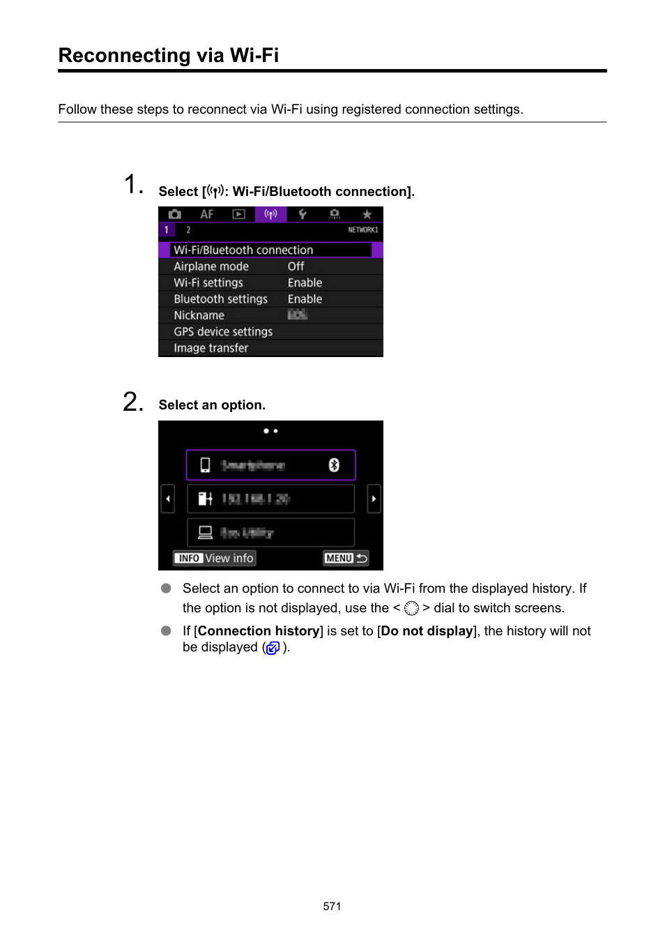 Reconnecting via wi-fi, If the history, Wi-fi, see | Canon EOS R5 C VR Creator Kit with RF 5.2mm f/2.8 Dual Fisheye Lens User Manual | Page 571 / 787