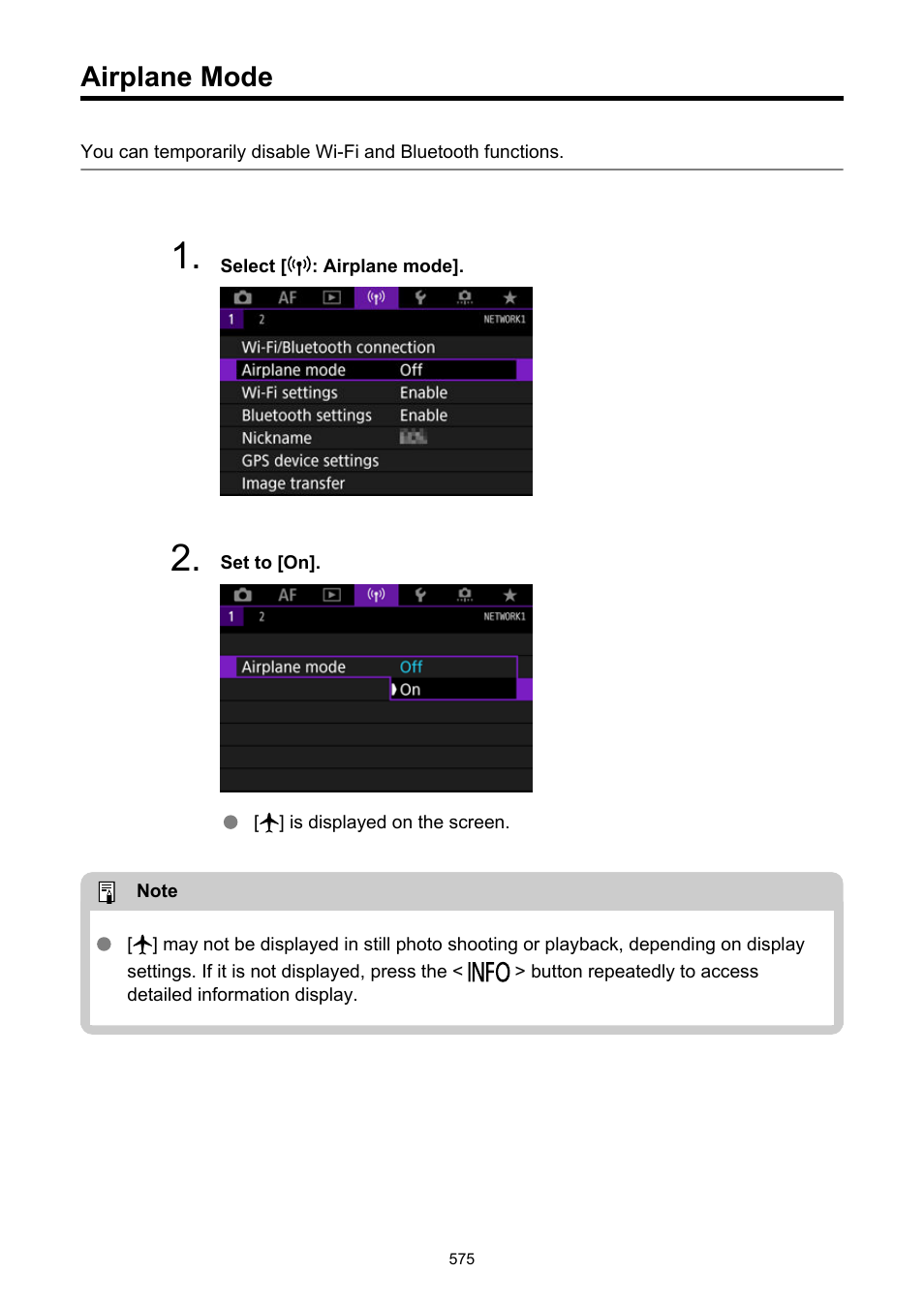 Airplane mode | Canon EOS R5 C VR Creator Kit with RF 5.2mm f/2.8 Dual Fisheye Lens User Manual | Page 575 / 787
