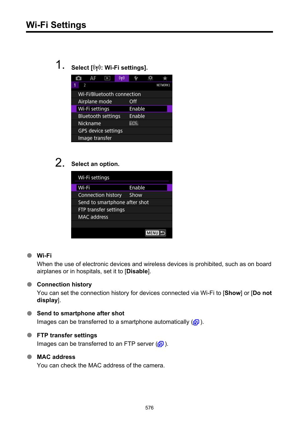 Wi-fi settings | Canon EOS R5 C VR Creator Kit with RF 5.2mm f/2.8 Dual Fisheye Lens User Manual | Page 576 / 787