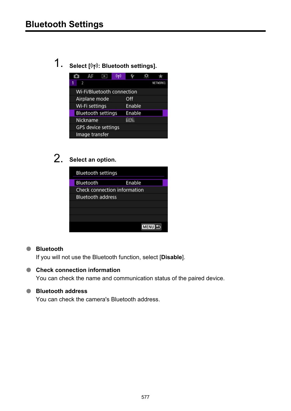 Bluetooth settings | Canon EOS R5 C VR Creator Kit with RF 5.2mm f/2.8 Dual Fisheye Lens User Manual | Page 577 / 787