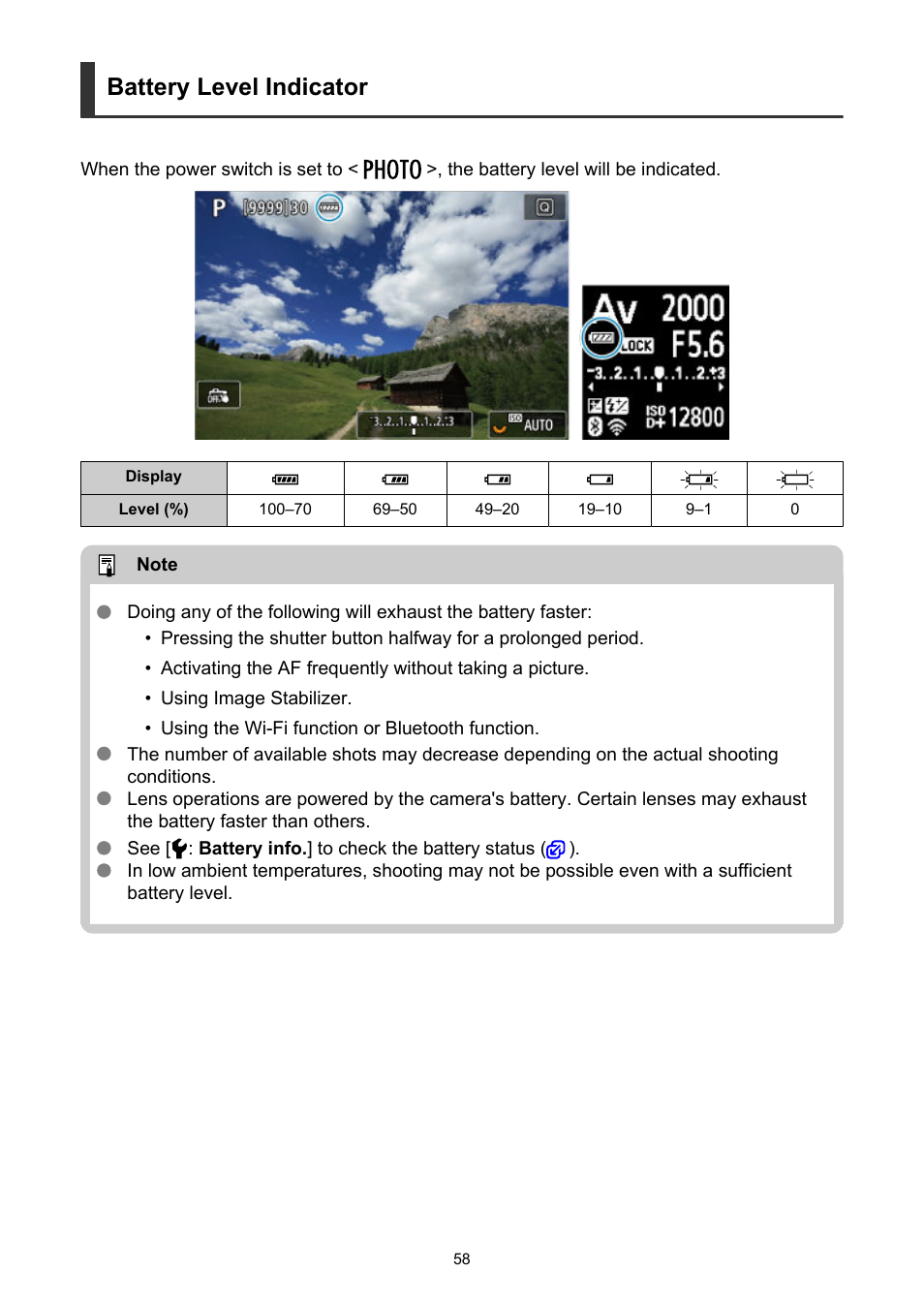 Battery level indicator | Canon EOS R5 C VR Creator Kit with RF 5.2mm f/2.8 Dual Fisheye Lens User Manual | Page 58 / 787