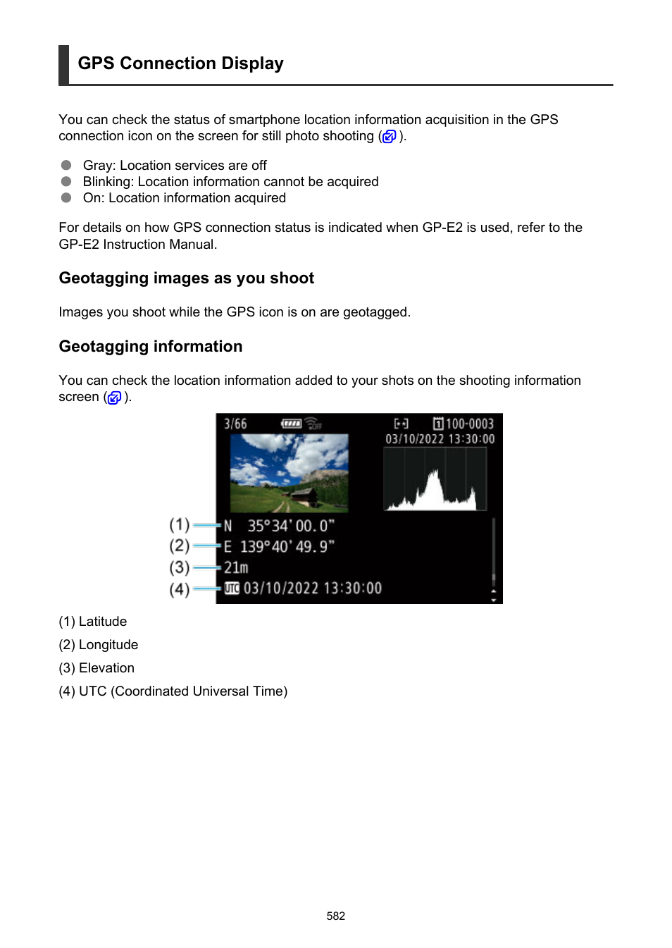 Gps connection display | Canon EOS R5 C VR Creator Kit with RF 5.2mm f/2.8 Dual Fisheye Lens User Manual | Page 582 / 787