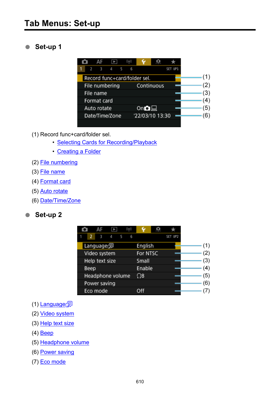 Tab menus: set-up | Canon EOS R5 C VR Creator Kit with RF 5.2mm f/2.8 Dual Fisheye Lens User Manual | Page 610 / 787