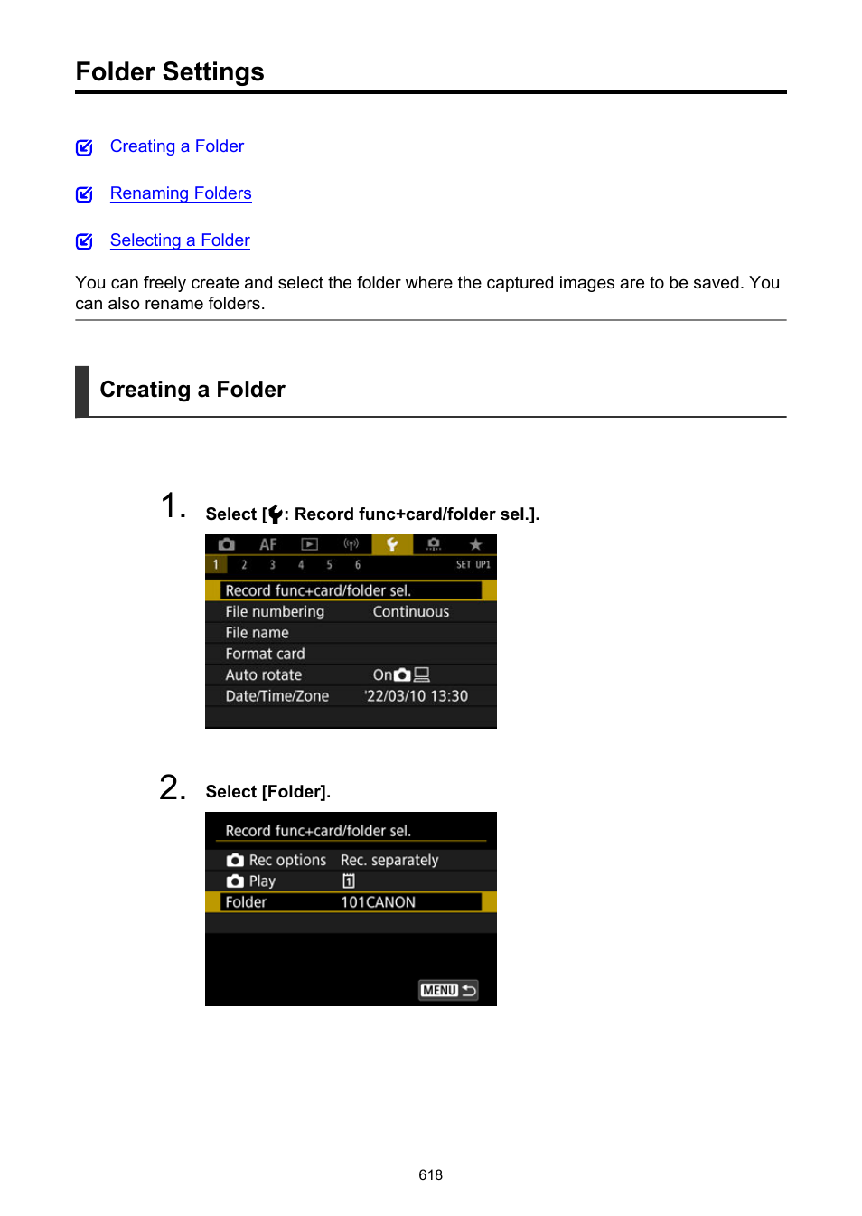 Folder settings, Creating a folder | Canon EOS R5 C VR Creator Kit with RF 5.2mm f/2.8 Dual Fisheye Lens User Manual | Page 618 / 787