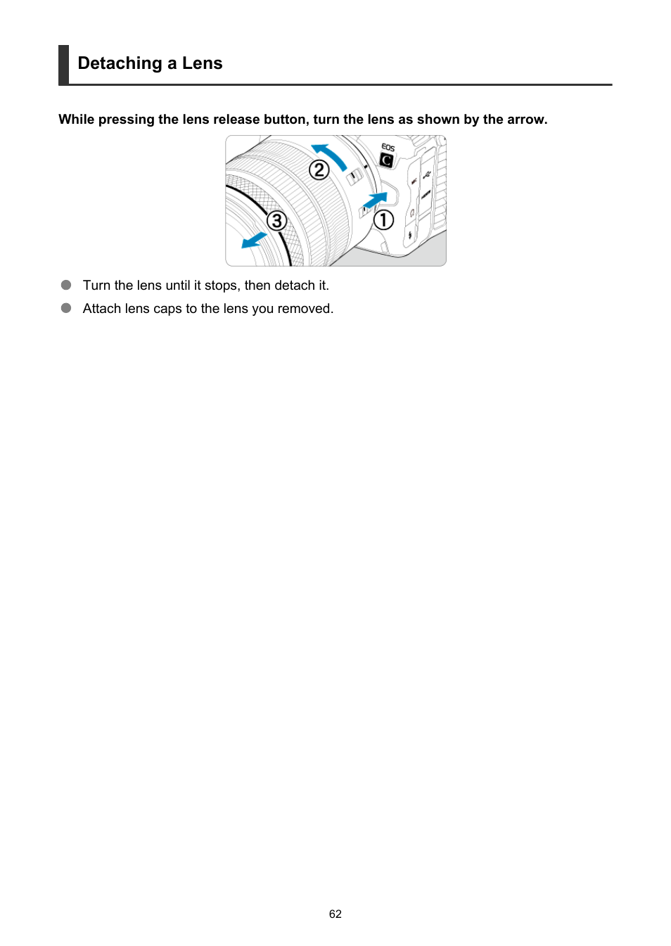 Detaching a lens | Canon EOS R5 C VR Creator Kit with RF 5.2mm f/2.8 Dual Fisheye Lens User Manual | Page 62 / 787