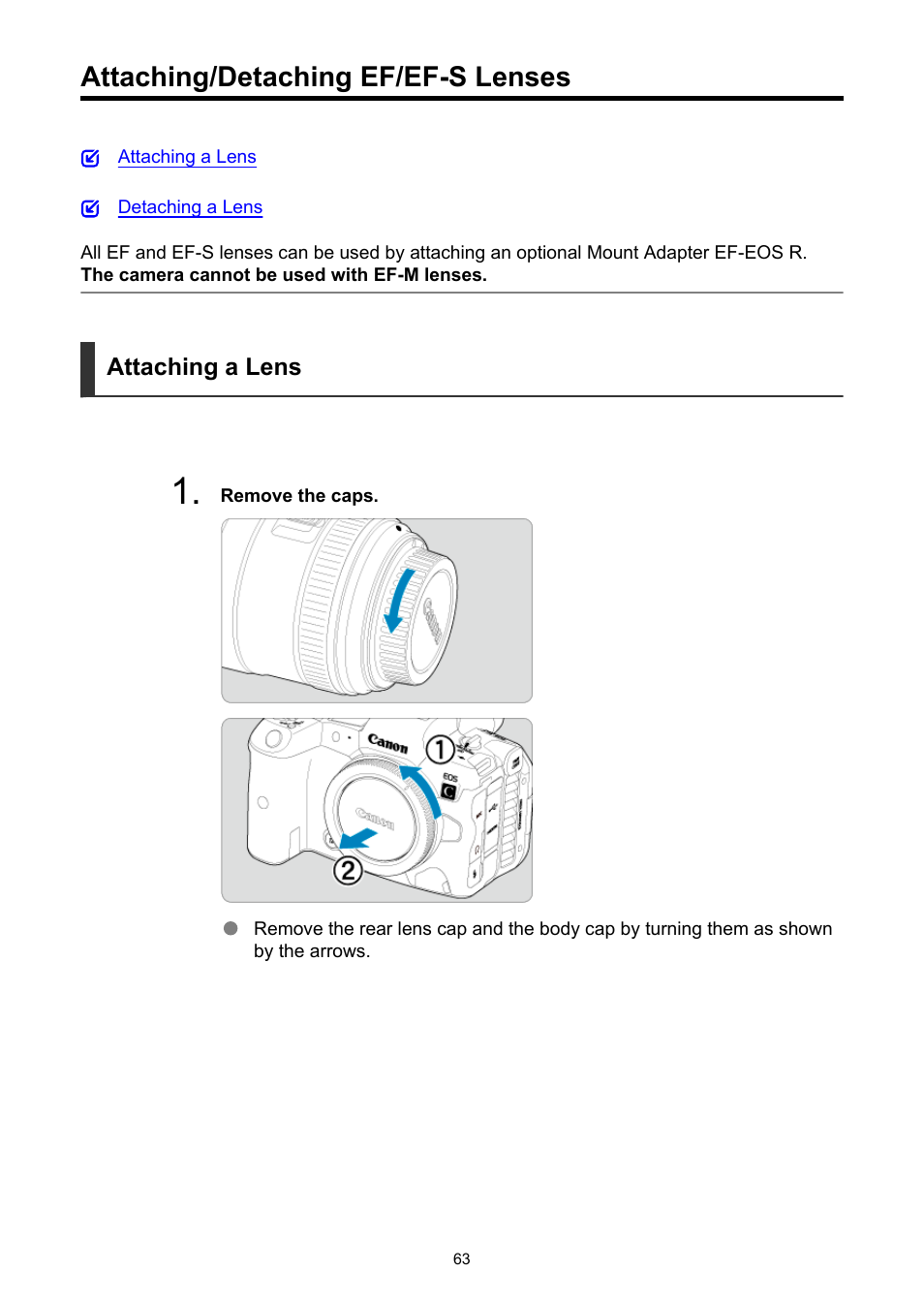 Attaching/detaching ef/ef-s lenses | Canon EOS R5 C VR Creator Kit with RF 5.2mm f/2.8 Dual Fisheye Lens User Manual | Page 63 / 787