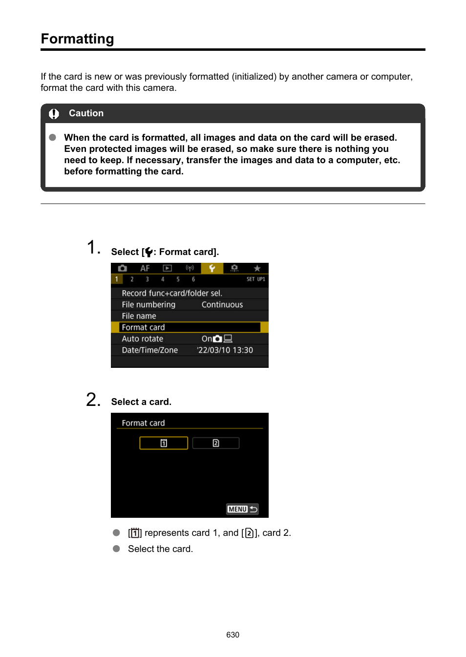 Formatting, Then format the card with the camera, The card may then return to normal | If you format the card, The protected images will also be erased, Format card | Canon EOS R5 C VR Creator Kit with RF 5.2mm f/2.8 Dual Fisheye Lens User Manual | Page 630 / 787