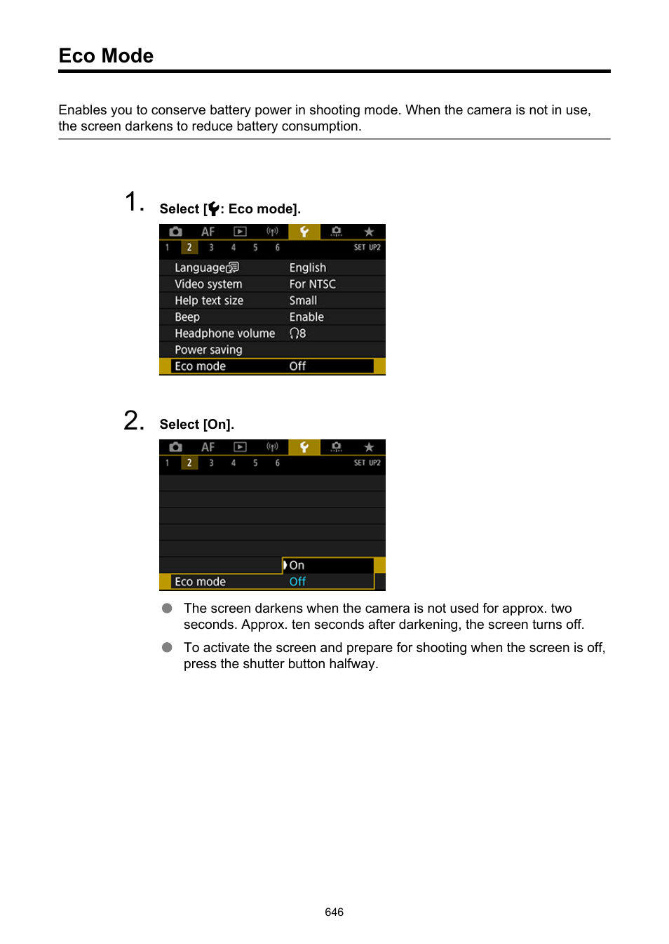 Eco mode | Canon EOS R5 C VR Creator Kit with RF 5.2mm f/2.8 Dual Fisheye Lens User Manual | Page 646 / 787