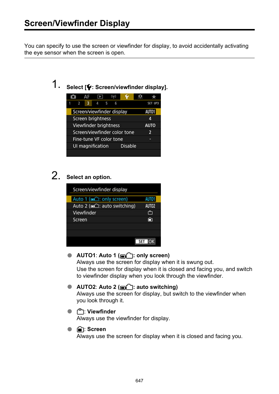 Screen/viewfinder display | Canon EOS R5 C VR Creator Kit with RF 5.2mm f/2.8 Dual Fisheye Lens User Manual | Page 647 / 787