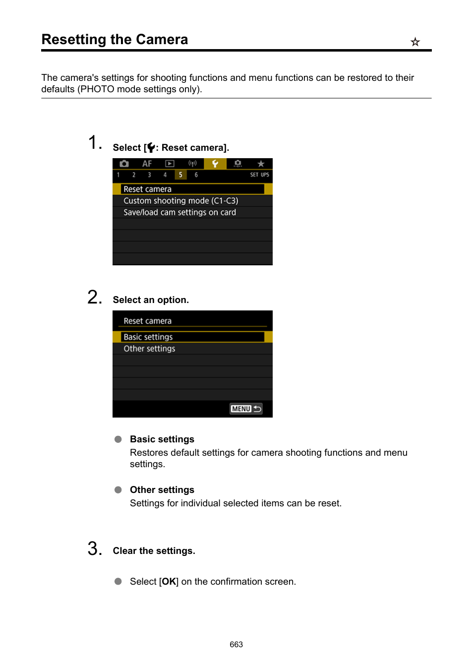 Resetting the camera, Reset camera | Canon EOS R5 C VR Creator Kit with RF 5.2mm f/2.8 Dual Fisheye Lens User Manual | Page 663 / 787