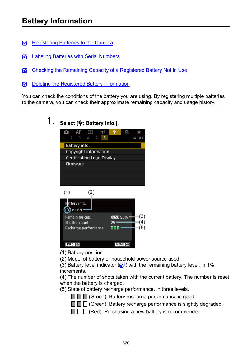 Battery information, Recharge performance, Battery info | Canon EOS R5 C VR Creator Kit with RF 5.2mm f/2.8 Dual Fisheye Lens User Manual | Page 670 / 787