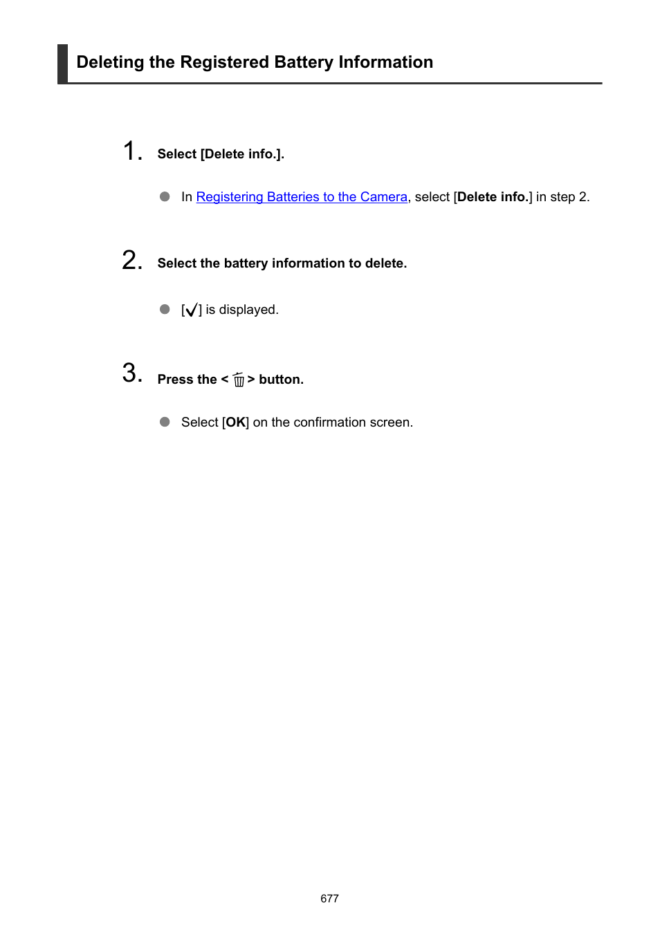 Deleting the registered battery information | Canon EOS R5 C VR Creator Kit with RF 5.2mm f/2.8 Dual Fisheye Lens User Manual | Page 677 / 787
