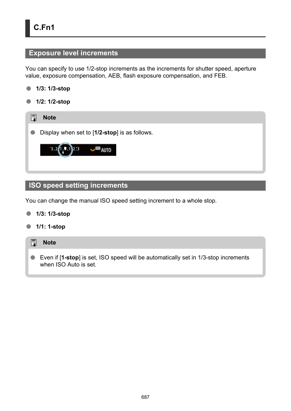 Exposure level increments, Iso speed setting increments, C.fn1 | Canon EOS R5 C VR Creator Kit with RF 5.2mm f/2.8 Dual Fisheye Lens User Manual | Page 687 / 787