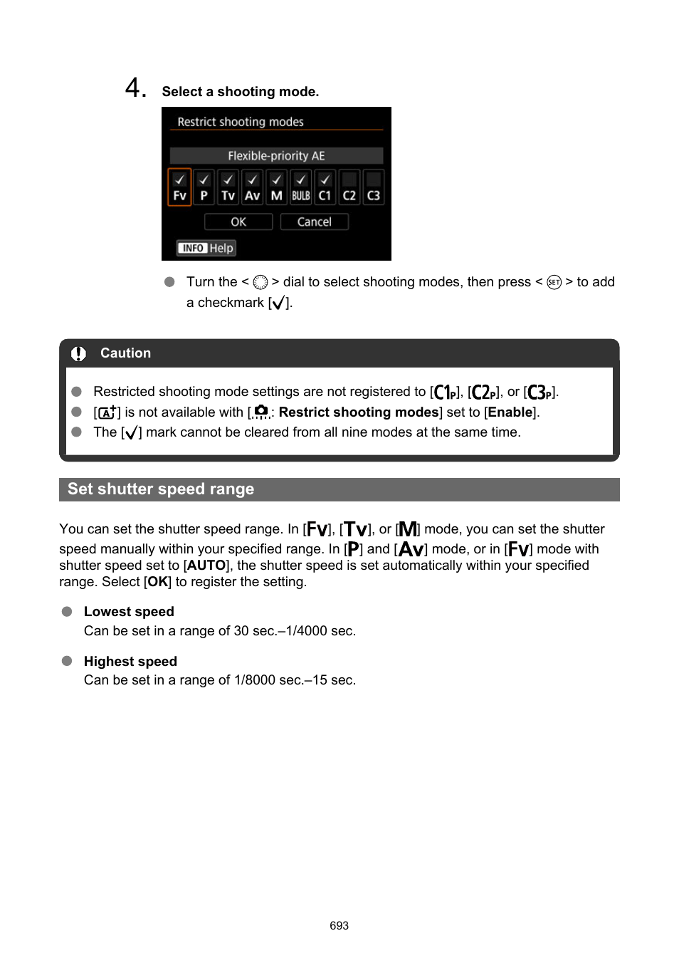 Set shutter speed range | Canon EOS R5 C VR Creator Kit with RF 5.2mm f/2.8 Dual Fisheye Lens User Manual | Page 693 / 787