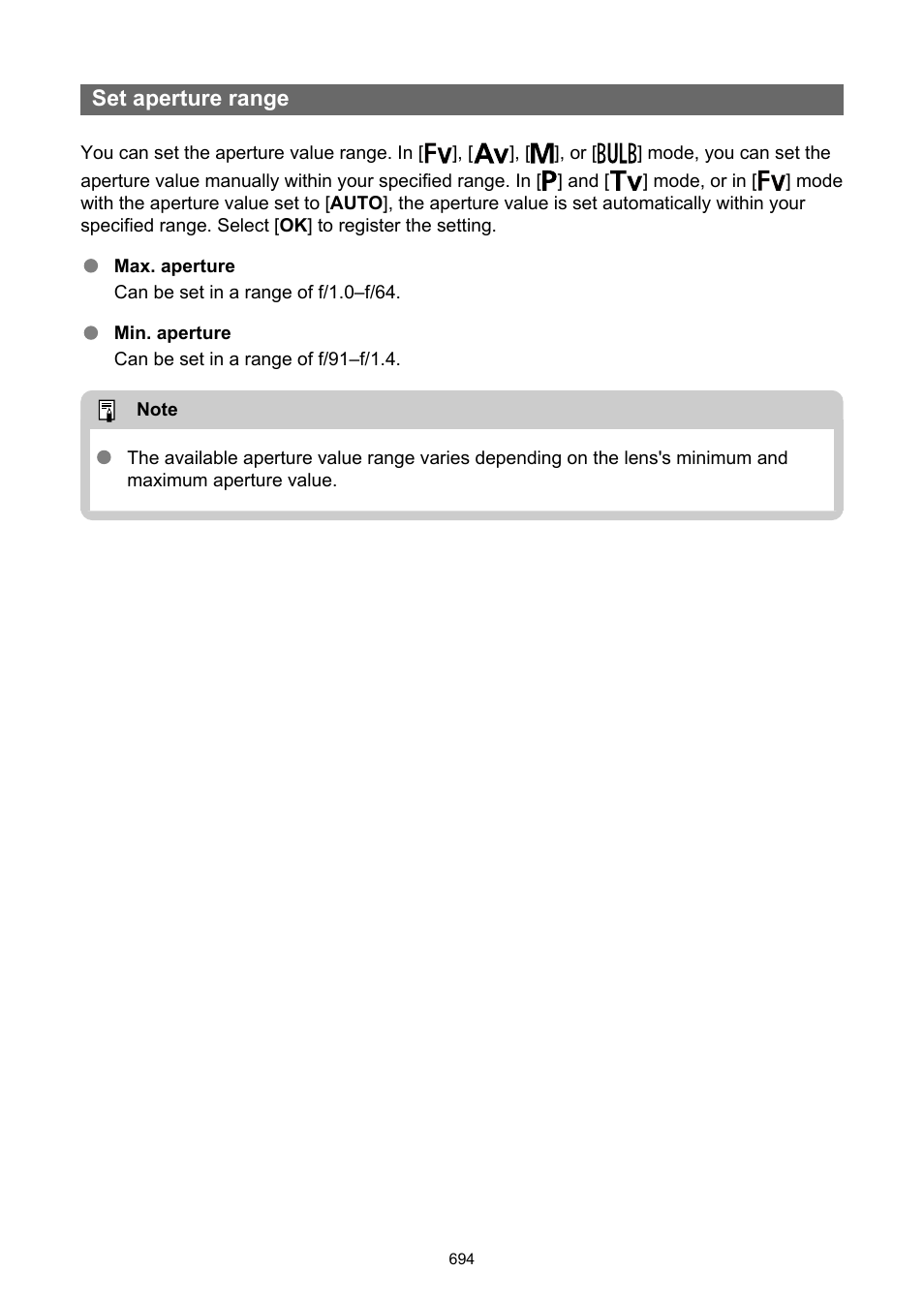Set aperture range | Canon EOS R5 C VR Creator Kit with RF 5.2mm f/2.8 Dual Fisheye Lens User Manual | Page 694 / 787