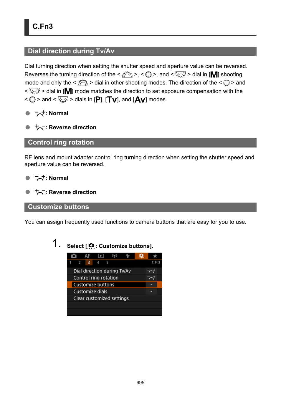 Dial direction during tv/av, Control ring rotation, Customize buttons | C.fn3 | Canon EOS R5 C VR Creator Kit with RF 5.2mm f/2.8 Dual Fisheye Lens User Manual | Page 695 / 787