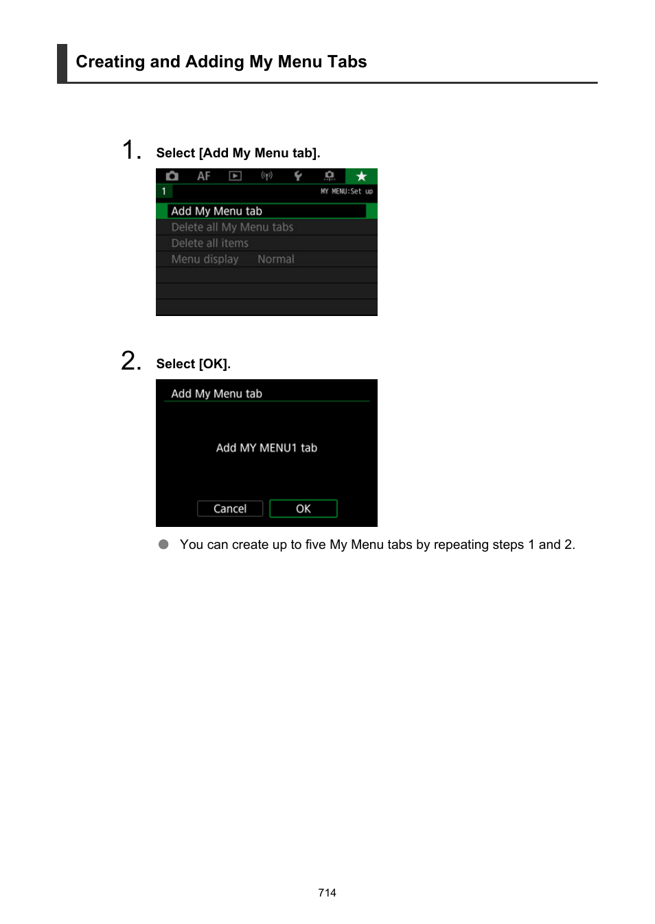 Add my menu tab, Creating and adding my menu tabs | Canon EOS R5 C VR Creator Kit with RF 5.2mm f/2.8 Dual Fisheye Lens User Manual | Page 714 / 787