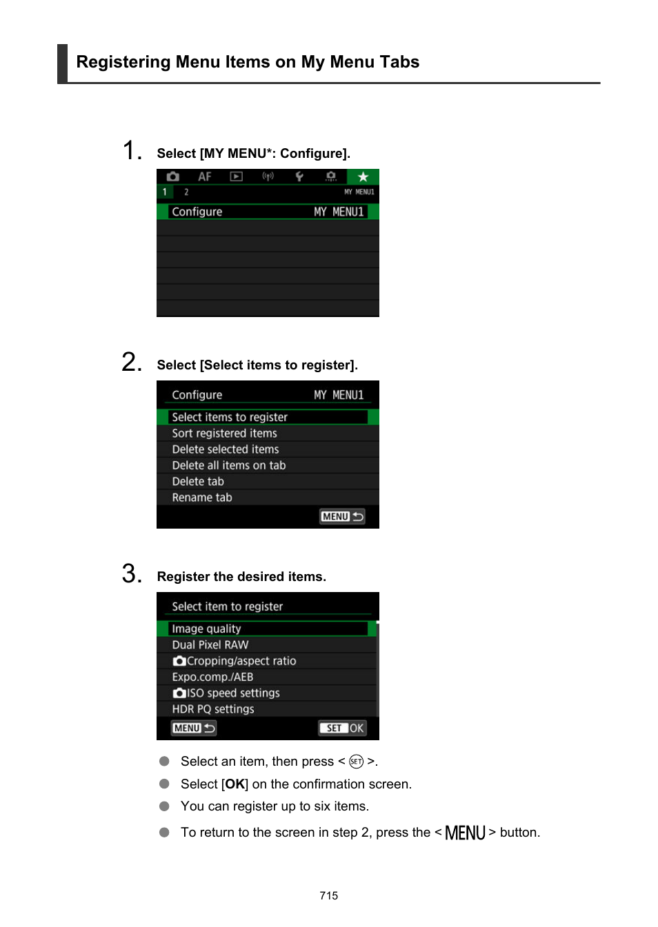 Registering menu items on my menu tabs | Canon EOS R5 C VR Creator Kit with RF 5.2mm f/2.8 Dual Fisheye Lens User Manual | Page 715 / 787