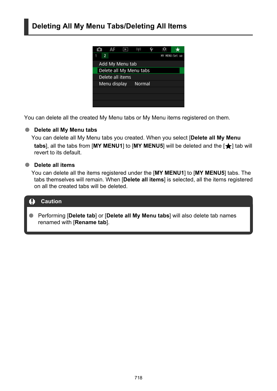 Delete all my menu tabs, Delete all items, Deleting all my menu tabs/deleting all items | Canon EOS R5 C VR Creator Kit with RF 5.2mm f/2.8 Dual Fisheye Lens User Manual | Page 718 / 787