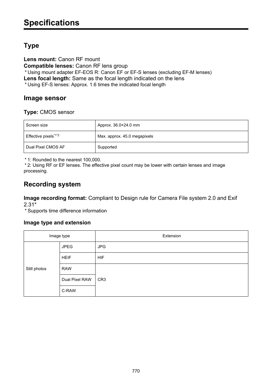 Specifications, Type, Image sensor | Recording system | Canon EOS R5 C VR Creator Kit with RF 5.2mm f/2.8 Dual Fisheye Lens User Manual | Page 770 / 787