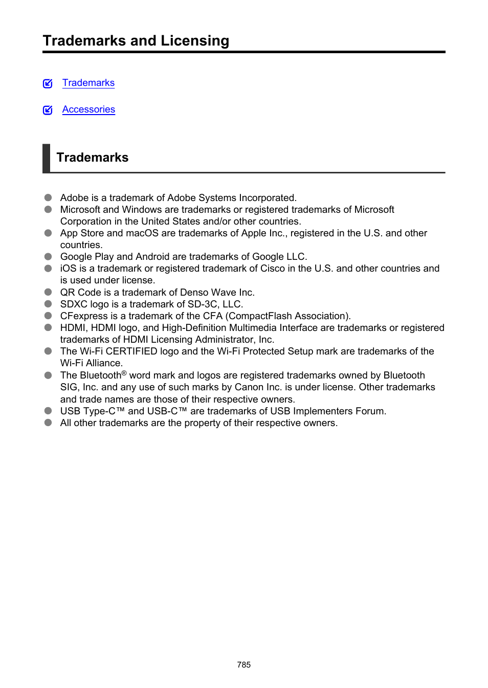 Trademarks and licensing, Trademarks | Canon EOS R5 C VR Creator Kit with RF 5.2mm f/2.8 Dual Fisheye Lens User Manual | Page 785 / 787
