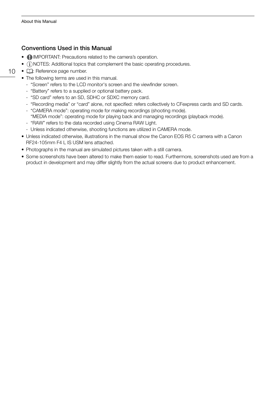 Conventions used in this manual, Conventions used in this manual 10 | Canon EOS R5 C VR Creator Kit with RF 5.2mm f/2.8 Dual Fisheye Lens User Manual | Page 10 / 248