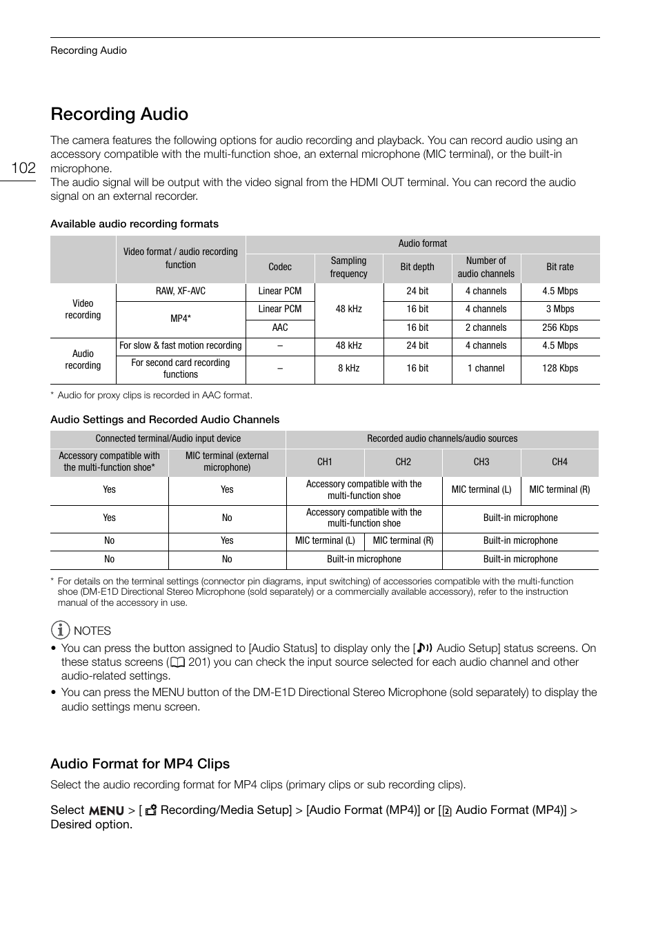 Recording audio, Audio format for mp4 clips, Recording audio 102 | Audio format for mp4 clips 102, Audio format for mp4 clip s | Canon EOS R5 C VR Creator Kit with RF 5.2mm f/2.8 Dual Fisheye Lens User Manual | Page 102 / 248