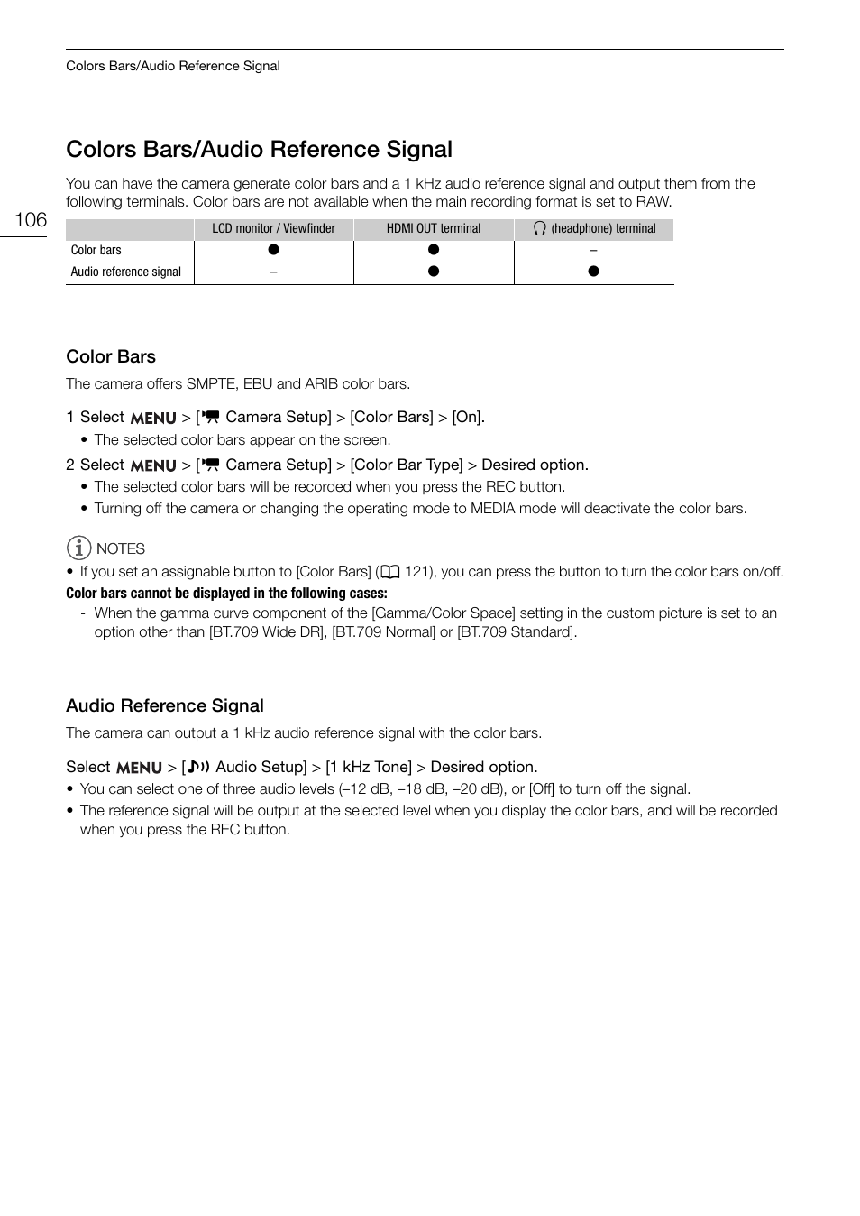 Colors bars/audio reference signal, Color bars, Audio reference signal | Color, Audio reference, Ignal 106, Color bars 106, Audio reference signal 106, Color s bar s /audio reference signal | Canon EOS R5 C VR Creator Kit with RF 5.2mm f/2.8 Dual Fisheye Lens User Manual | Page 106 / 248