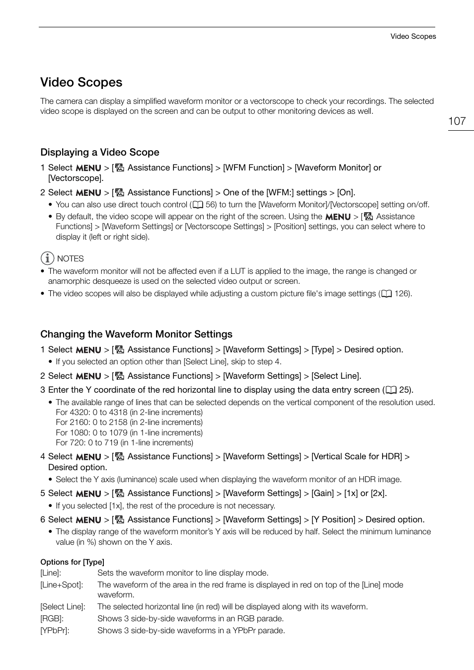 Video scopes, Displaying a video scope, Changing the waveform monitor settings | Video, Cope, Video scope s | Canon EOS R5 C VR Creator Kit with RF 5.2mm f/2.8 Dual Fisheye Lens User Manual | Page 107 / 248
