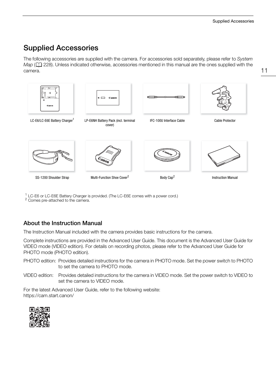 Supplied accessories, About the instruction manual, Upplied acce | Orie, About the instruction manual 11, Supplied acce ss orie s, About the in s truction manual | Canon EOS R5 C VR Creator Kit with RF 5.2mm f/2.8 Dual Fisheye Lens User Manual | Page 11 / 248