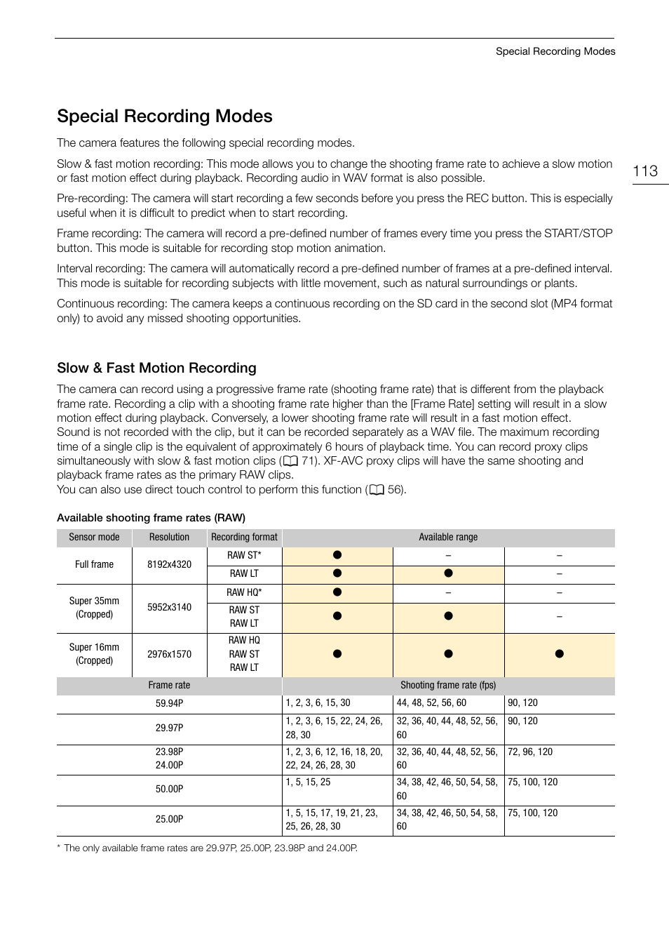 Special recording modes, Slow & fast motion recording, Pecial recording mode | Slow & fast motion recording 113, 113): record stand, Special recording mode s, Slow & fa s t motion recording | Canon EOS R5 C VR Creator Kit with RF 5.2mm f/2.8 Dual Fisheye Lens User Manual | Page 113 / 248