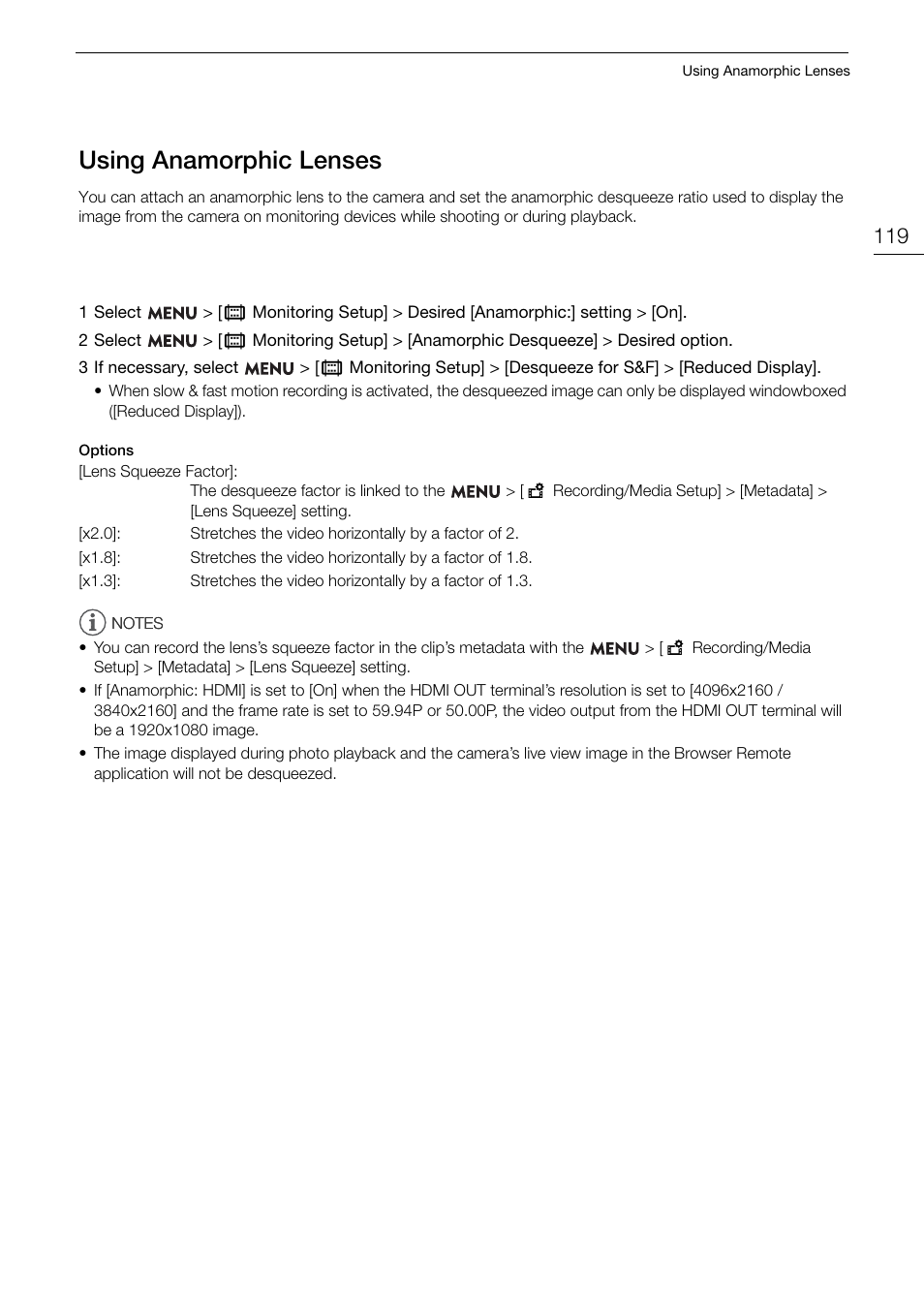 Using anamorphic lenses, Ing anamorphic len, Us ing anamorphic len s e s | Canon EOS R5 C VR Creator Kit with RF 5.2mm f/2.8 Dual Fisheye Lens User Manual | Page 119 / 248