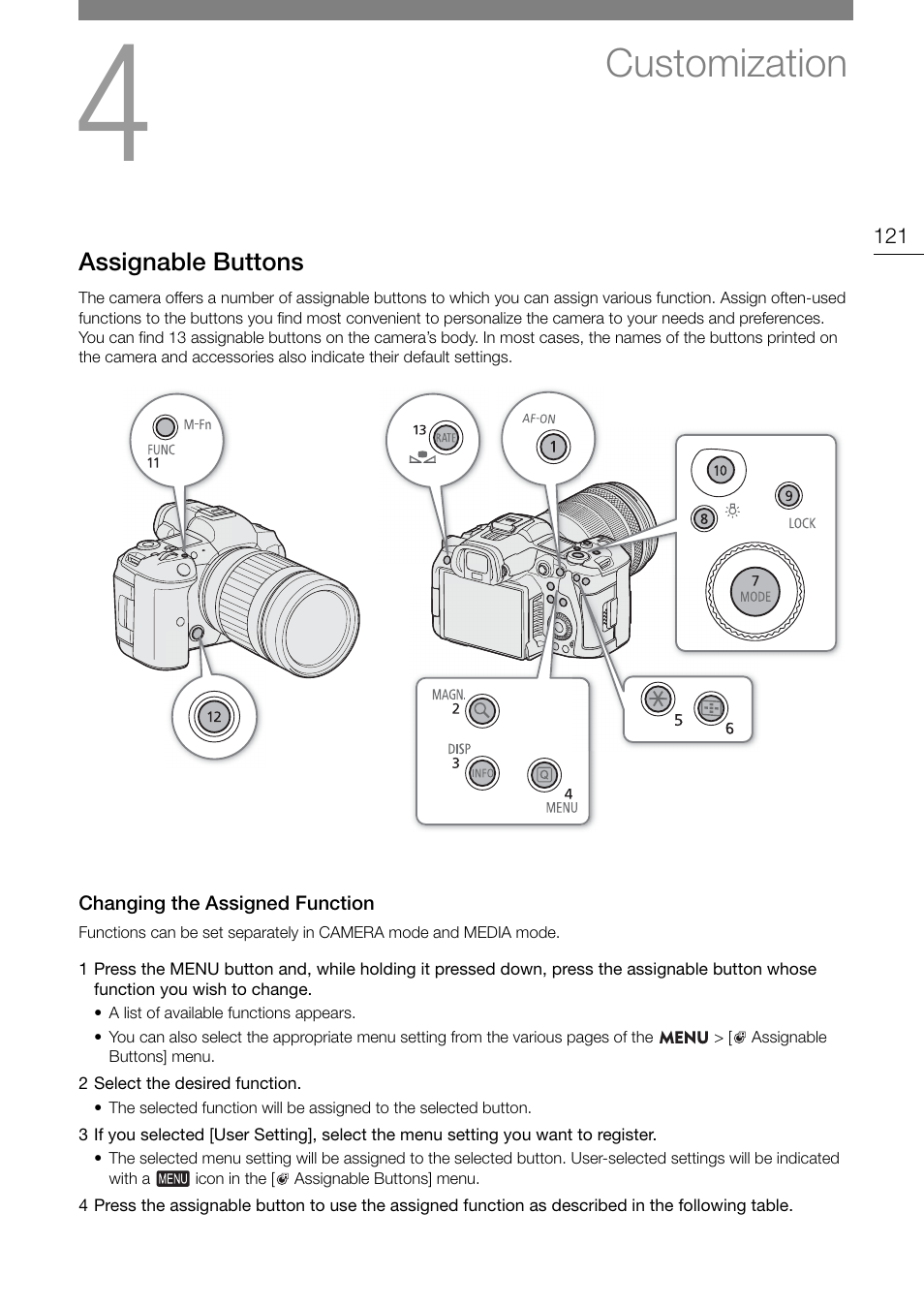 Customization, Assignable buttons, Changing the assigned function | Tomization 121, Ignable button, Changing the assigned function 121, 121), y, Ass ignable button s | Canon EOS R5 C VR Creator Kit with RF 5.2mm f/2.8 Dual Fisheye Lens User Manual | Page 121 / 248