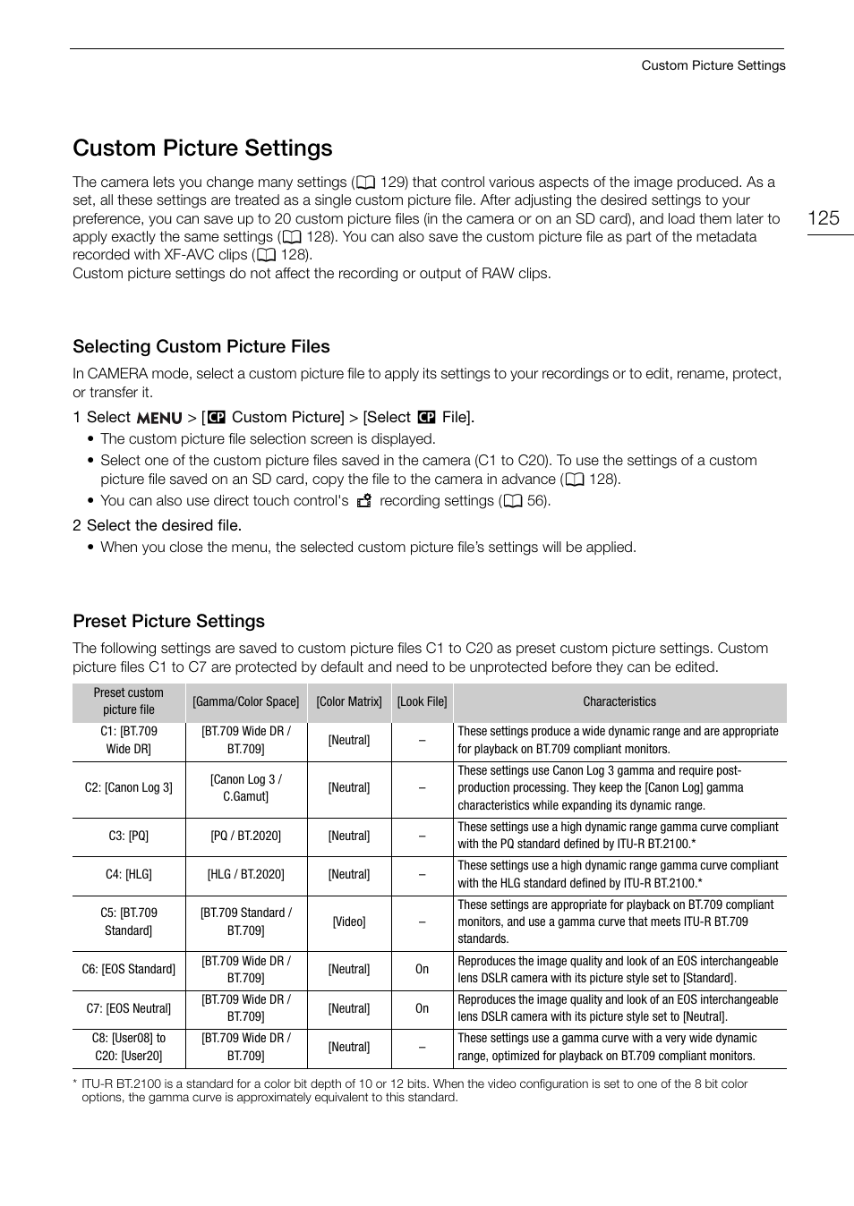 Custom picture settings, Selecting custom picture files, Preset picture settings | Tom picture, Etting, Cu s tom picture setting s, Selecting cu s tom picture file s, Pre s et picture setting s | Canon EOS R5 C VR Creator Kit with RF 5.2mm f/2.8 Dual Fisheye Lens User Manual | Page 125 / 248