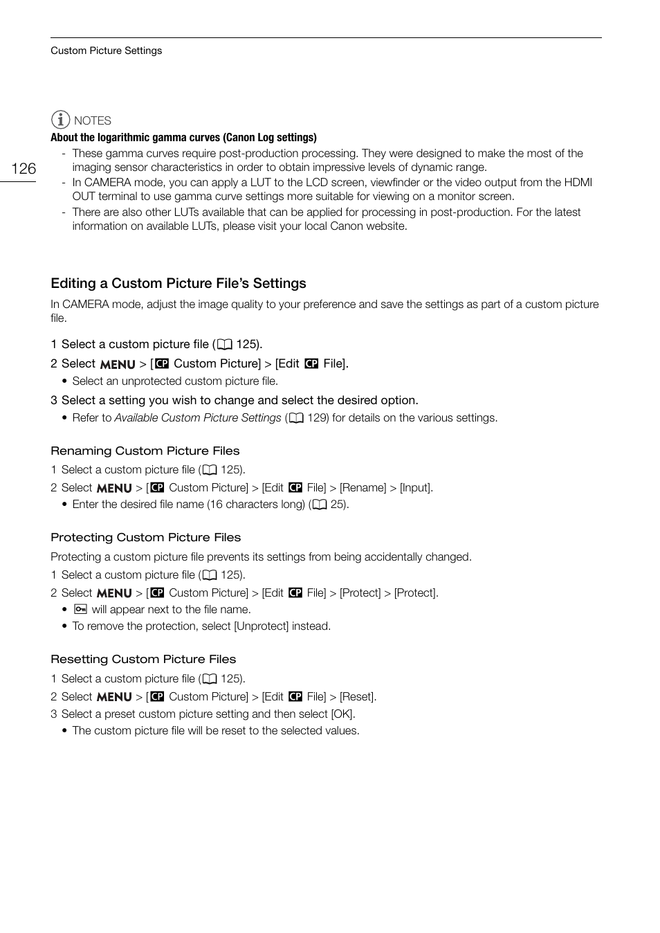 Editing a custom picture file’s settings, Editing a custom picture file’s settings 126, Editing a cu s tom picture file’ s setting s | Canon EOS R5 C VR Creator Kit with RF 5.2mm f/2.8 Dual Fisheye Lens User Manual | Page 126 / 248