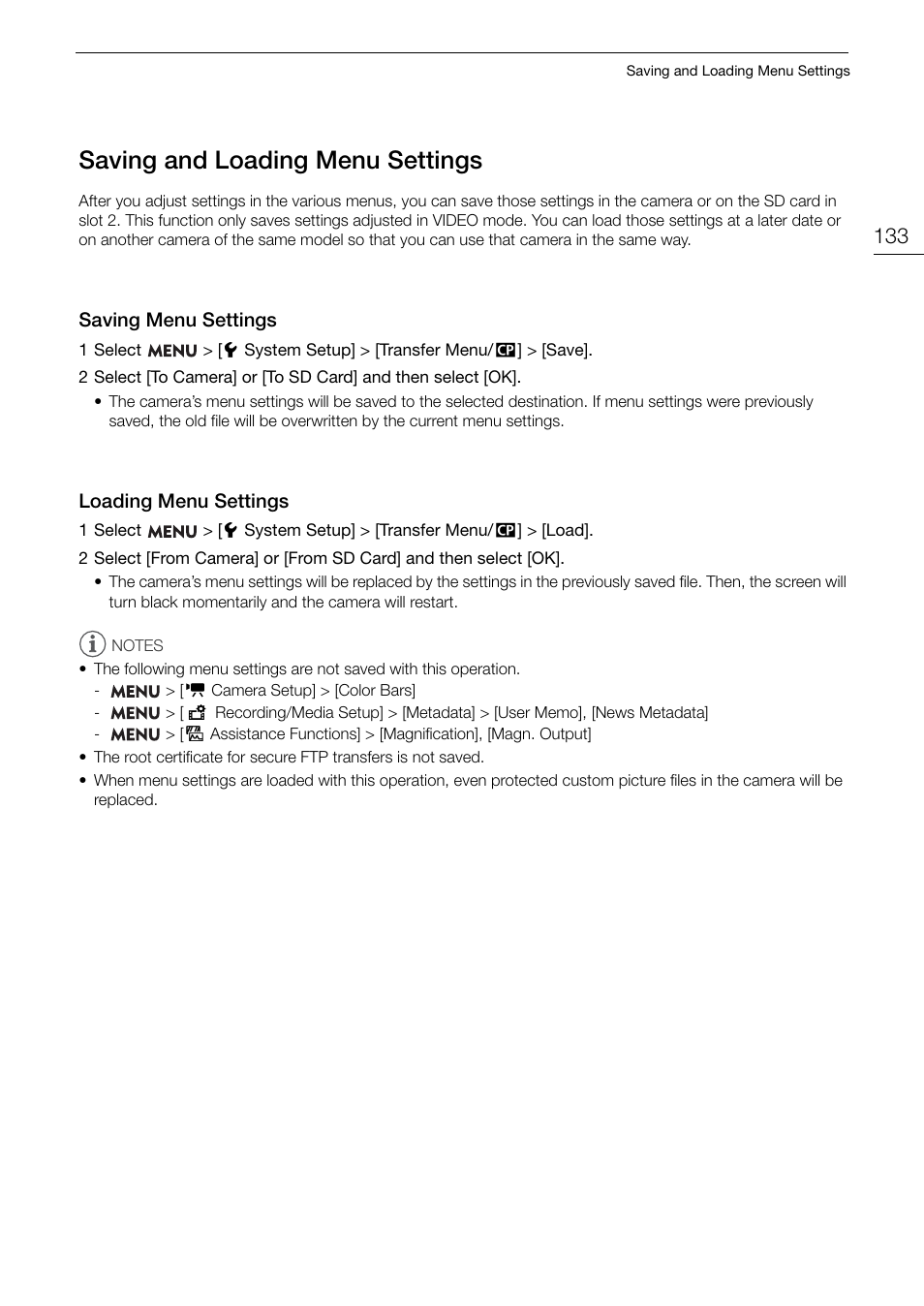 Saving and loading menu settings, Saving menu settings, Loading menu settings | Aving and loading menu, Etting, Saving menu settings 133 loading menu settings 133, Saving and loading menu setting s | Canon EOS R5 C VR Creator Kit with RF 5.2mm f/2.8 Dual Fisheye Lens User Manual | Page 133 / 248