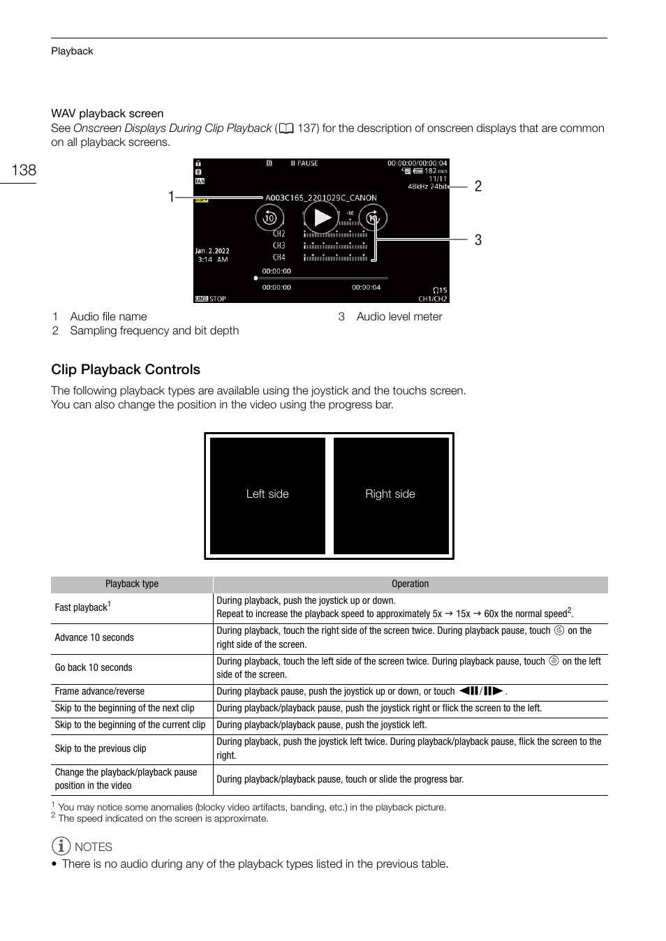 Clip playback controls, Clip playback controls 138, Clip playback control s | 左側 右側 | Canon EOS R5 C VR Creator Kit with RF 5.2mm f/2.8 Dual Fisheye Lens User Manual | Page 138 / 248