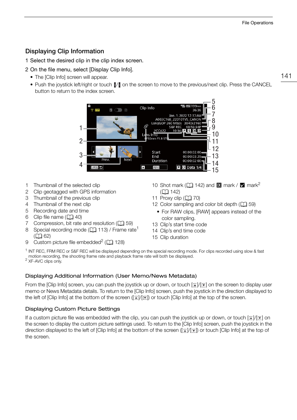 Displaying clip information, Displaying clip information 141 | Canon EOS R5 C VR Creator Kit with RF 5.2mm f/2.8 Dual Fisheye Lens User Manual | Page 141 / 248