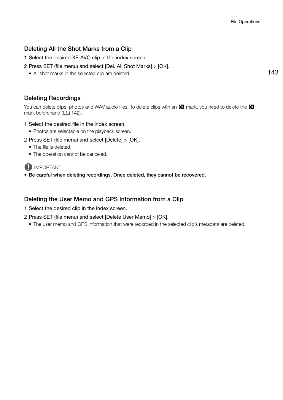 Deleting all the shot marks from a clip, Deleting recordings, Deleting all the shot marks from a clip 143 | A clip 143 | Canon EOS R5 C VR Creator Kit with RF 5.2mm f/2.8 Dual Fisheye Lens User Manual | Page 143 / 248