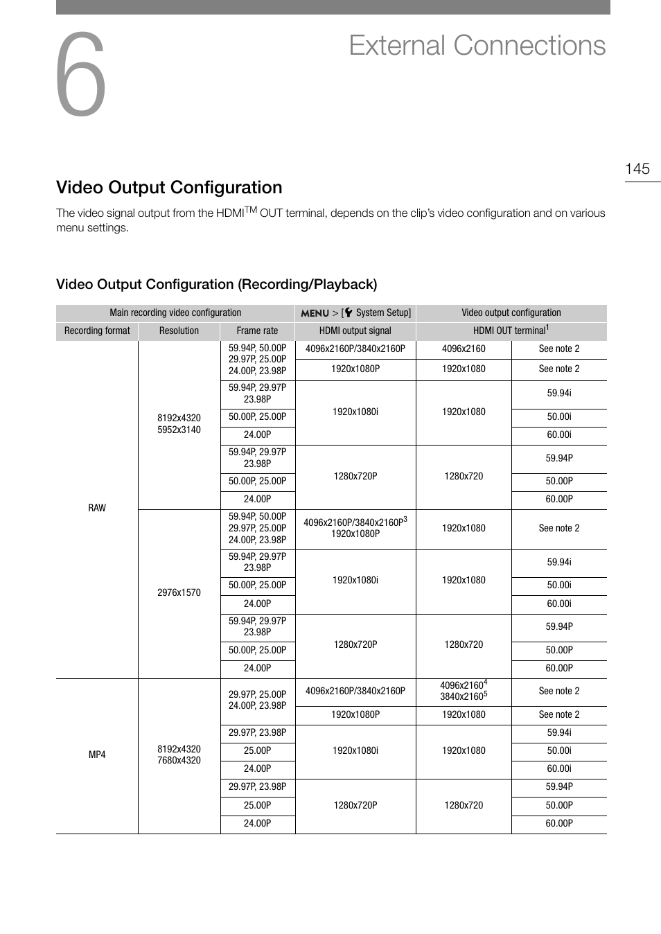 External connections, Video output configuration, Video output configuration (recording/playback) | External connection, Video output configuration 145, Video output configuration (recording, Playback) 145 | Canon EOS R5 C VR Creator Kit with RF 5.2mm f/2.8 Dual Fisheye Lens User Manual | Page 145 / 248