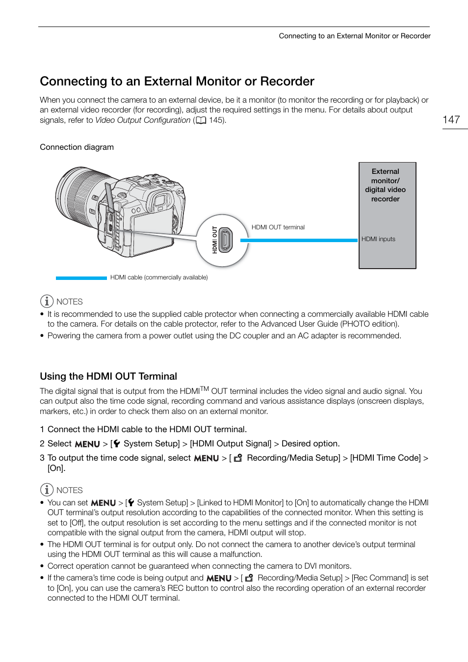 Connecting to an external monitor or recorder, Using the hdmi out terminal, Connecting to an external monitor or | Recorder 147, Using the hdmi out terminal 147, Us ing the hdmi out terminal | Canon EOS R5 C VR Creator Kit with RF 5.2mm f/2.8 Dual Fisheye Lens User Manual | Page 147 / 248