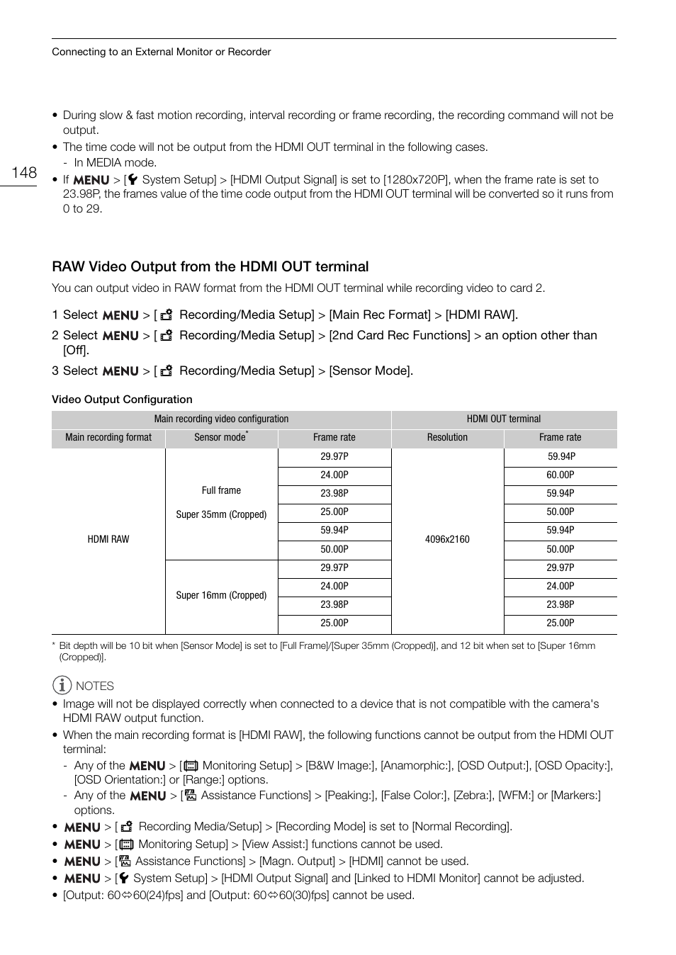 Raw video output from the hdmi out terminal, Raw video output from the hdmi out, Terminal 148 | Canon EOS R5 C VR Creator Kit with RF 5.2mm f/2.8 Dual Fisheye Lens User Manual | Page 148 / 248