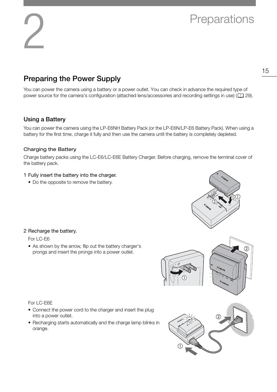 Preparations, Preparing the power supply, Using a battery | Preparation, Preparing the power, Upply 15, Using a battery 15 | Canon EOS R5 C VR Creator Kit with RF 5.2mm f/2.8 Dual Fisheye Lens User Manual | Page 15 / 248