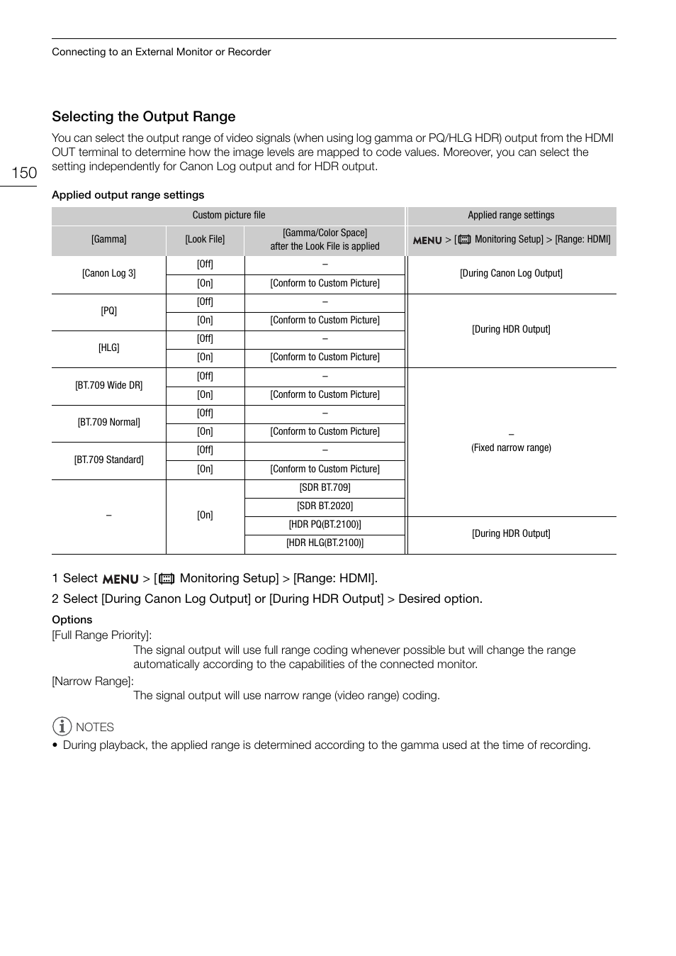 Selecting the output range, Selecting the output range 150 | Canon EOS R5 C VR Creator Kit with RF 5.2mm f/2.8 Dual Fisheye Lens User Manual | Page 150 / 248