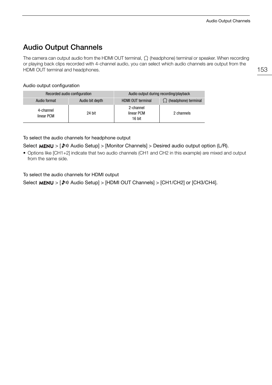 Audio output channels, Audio output channel, Audio output channel s | Canon EOS R5 C VR Creator Kit with RF 5.2mm f/2.8 Dual Fisheye Lens User Manual | Page 153 / 248